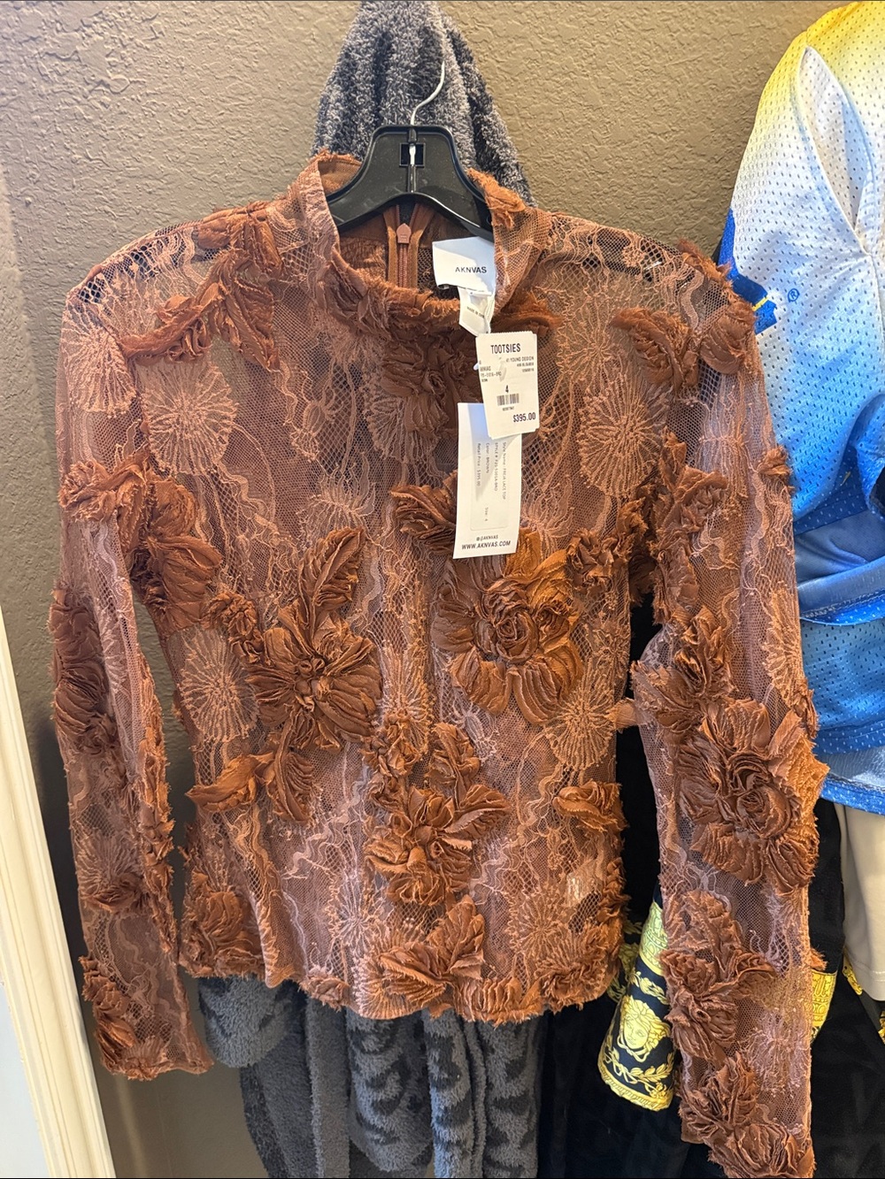 Aknvas Burnt Orange Floral Appliqué Lace Long Sleeve Top
